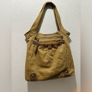 Fossil cloth purse leather trim tan